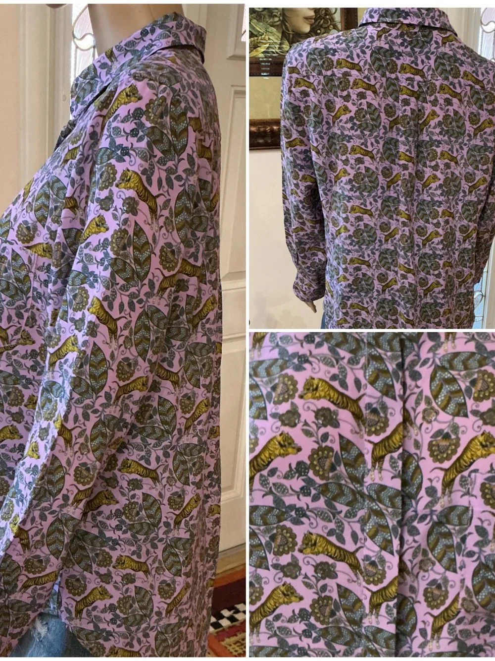 J. Crew Lavender Floral & Tiger Silk Button-Up Blouse
